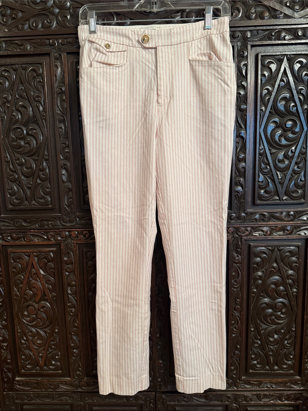 Anthropologie Essential Slim Trousers in Red and Cream Pinstripes